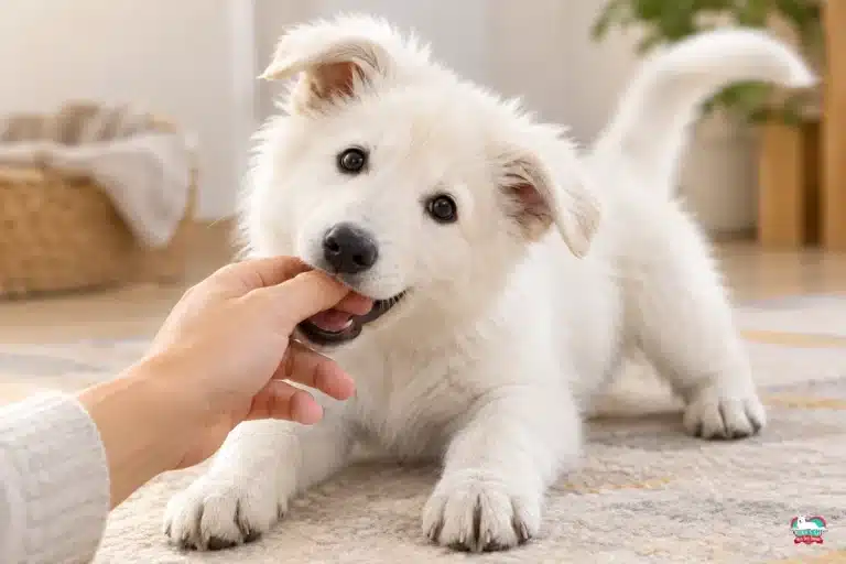 Un cucciolo di cane morde delicatamente le dita di una mano mentre gioca sul tappeto nel salotto.